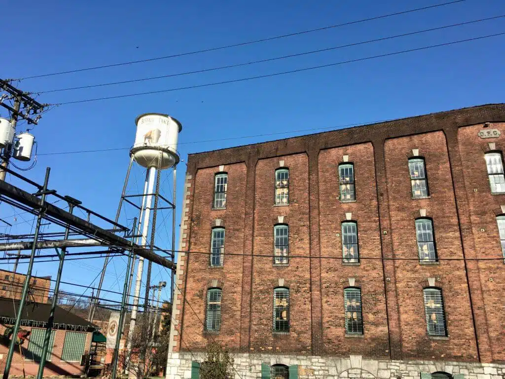 Buffalo Trace rickhouse view with ironic Buffalo Trace watertown in background