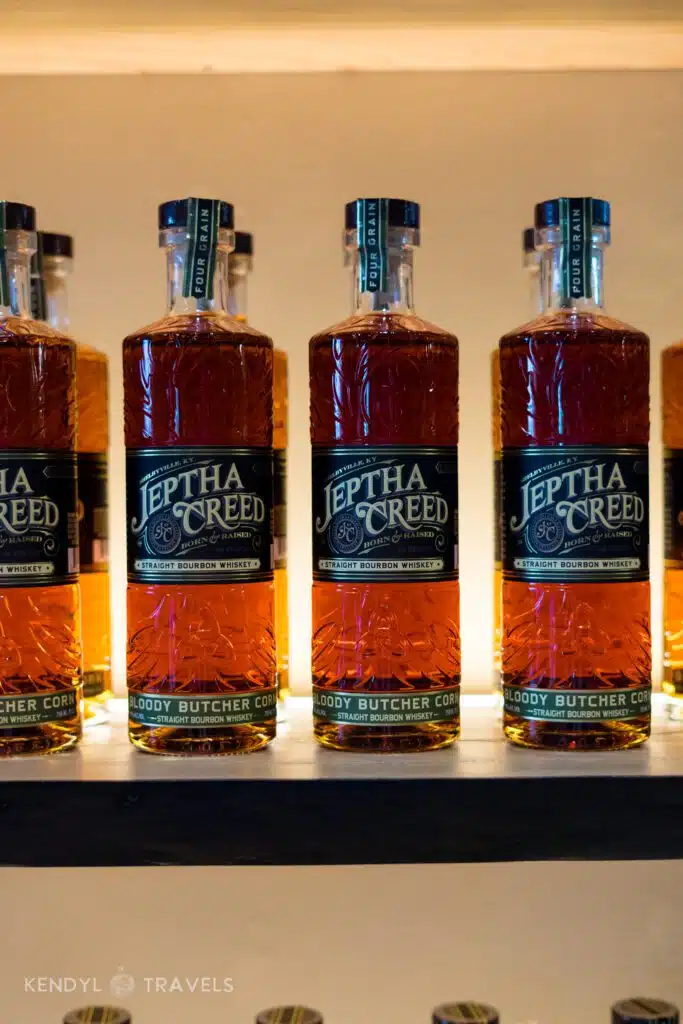 Jeptha Creed bourbon bottles on shelf in Shelbyville, Kentucky
