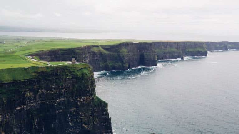 A breathtaking aerial view of the Cliffs of Moher along Ireland's rugged coastline.